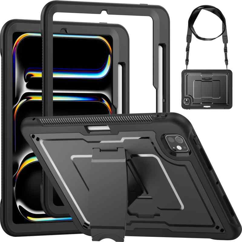 対応 iPad Pro 11インチ（M5/M4）用ケース iPad Pro（2025/2024）ケース 横置きスタンド 耐衝撃 ペン収納 ショルダーストラップ付き アイパッドプロ11インチ専用カバー TPUフレーム 肩紐 現場 ス