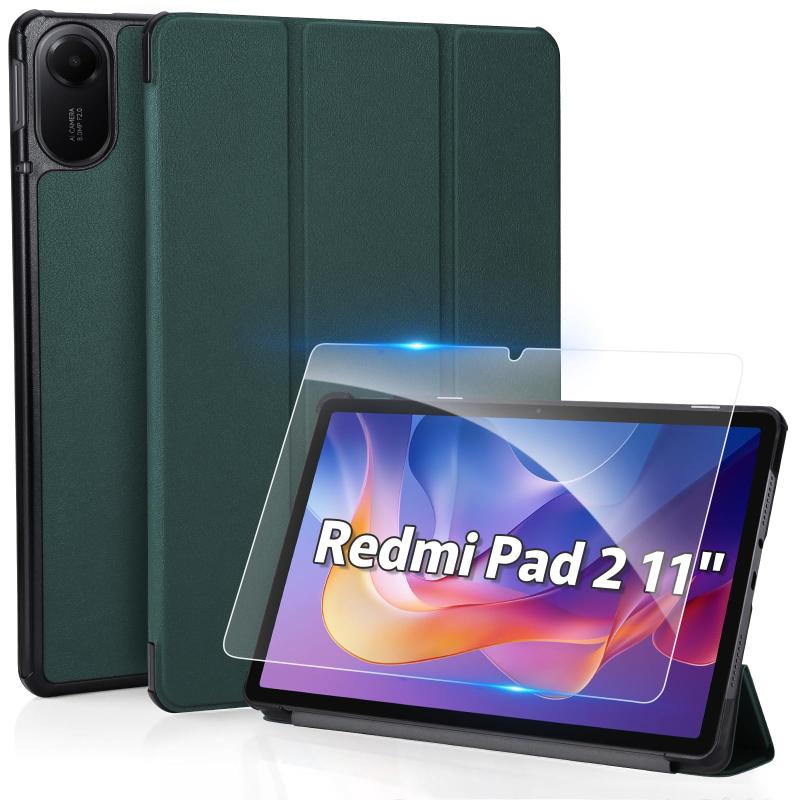 [] Redmi Pad 2用保護セット（ケース＋ガラスフィルム） 11インチ対応 三つ折り 磁気付き 全面保護 耐衝撃 タブレット ガラスフィルム キズ防止 クリア スムーズ操作