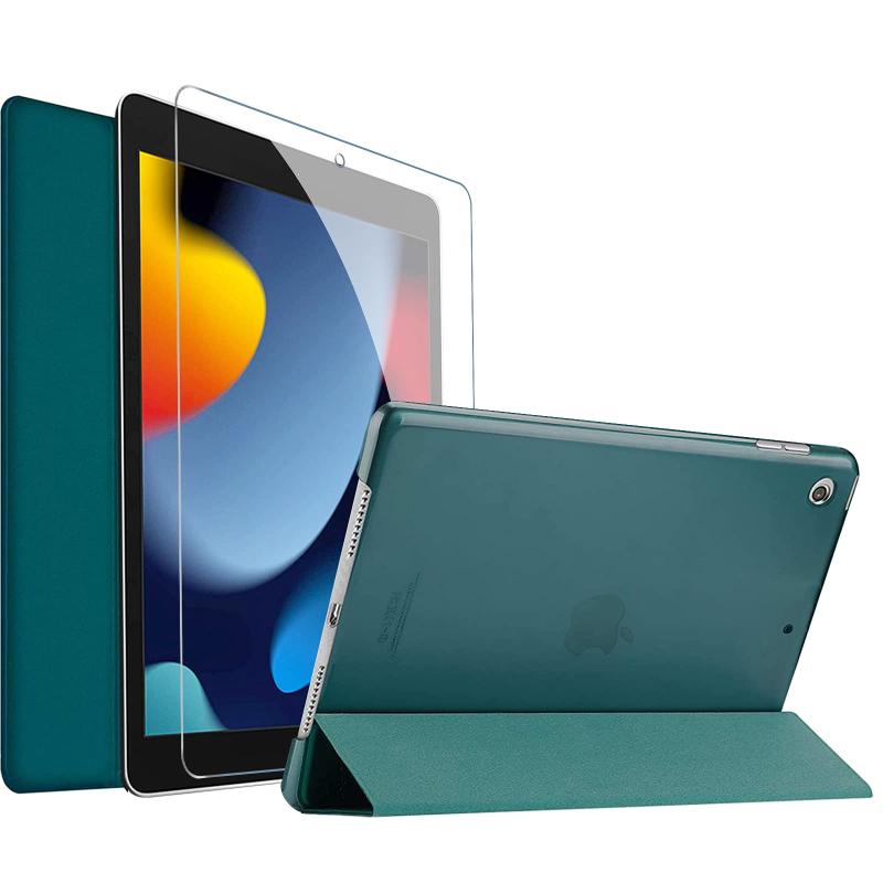 iPad 10.2" 9/8/7 フォリオケース [強化ガラス付き]、三つ折りスタンド 保護ケース 半透明 つや消し スマートカバー 対応機種： iPad 10.2" 第9世代 2021/ 第8世代 2020/第7世代 2019