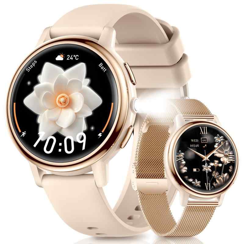 スマートウォッチ レディース LED懐中電灯 2種ベルト付き 丸型 小さめ 1.26インチAMOLED Watch 軽量 女性 Bluetooth5.3通話機能付き LINE/メッセージ通知 100種類運動モード 音楽 カメ