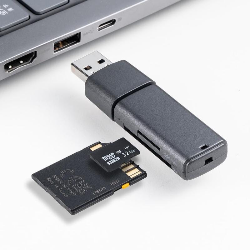 ダイレクト USB カードリーダー スライド式 キャップ SDカード microSDカード USB5Gbps コンパクト ガンメタリック 400-ADR335_336