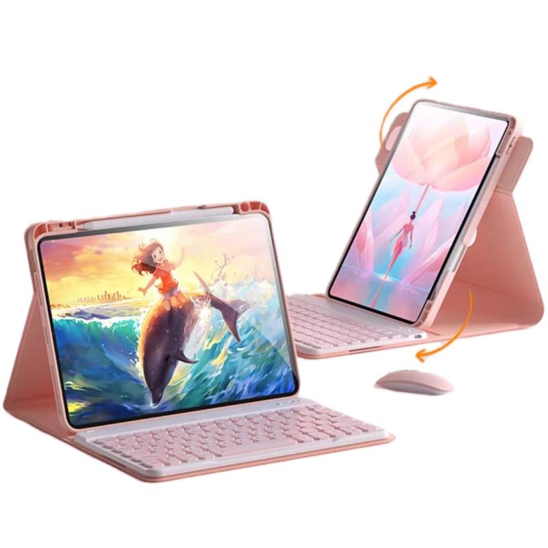 マウス付き iPadキーボード ケース iPad カバー 可愛い カラーキーボード付き 360°回転 磁気吸着 球状くぼみキー ペン収納 透明 クリア 背面カバー 取り外し可能 マグネット分離式