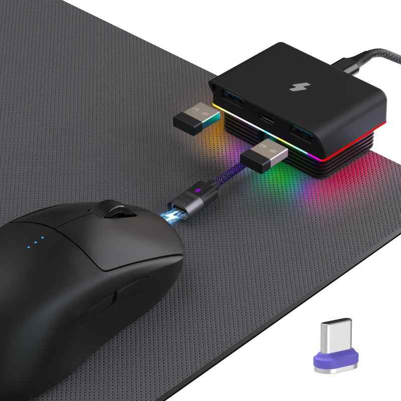 SIKAI CE マウス充電器 マグネット充電 着脱式 磁気ケーブル付属 RGB Type-C/Micro USBに対応のマウス用 4-in-1 USB ハブ 3ポート 防塵 保護 for Logicool G Pro Wireless/G PRO X
