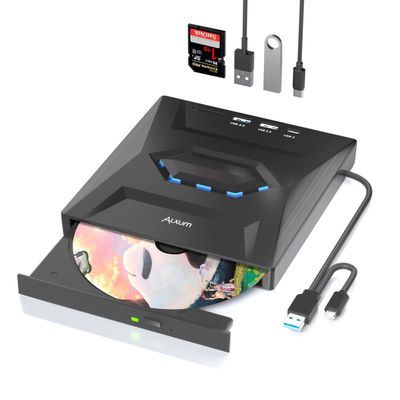超高速 CD/DVD ドライブ 外付け 2-IN-1 USB Type-C/USB 3.0 Aポータブル CD/DVD レコーダー SDスロット＆USBポート搭載 DVD 8倍速 CD 24倍速 PC CDドライブ 外付け Window/Mac O