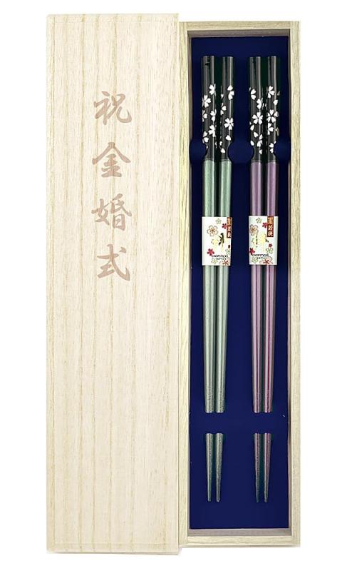 樂天商城 - 夫婦箸 食洗 銀舞桜（緑・紫）国産桐箱・付き 食洗 食洗機対応 金婚式 金婚祝い 金婚 結婚50周年 結婚記念日 結婚記念 両親 祖父母 夫 妻 プレゼント ギフト お祝い 御祝い