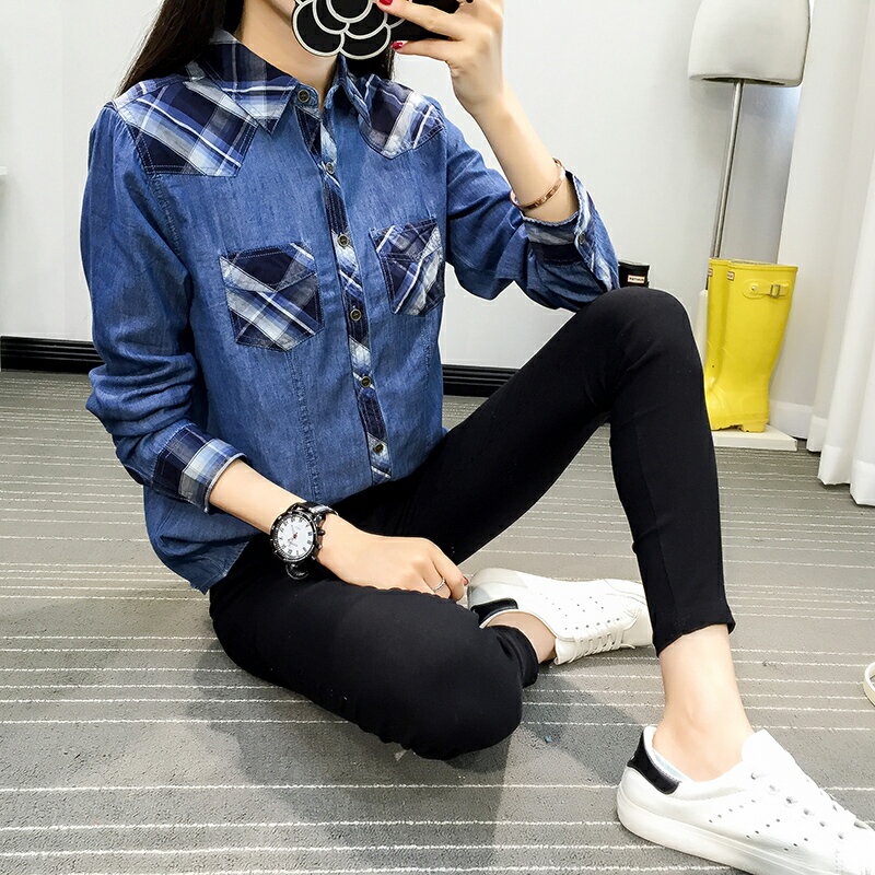 「送料無料」 2017 春秋新作ファッション デニム長袖 シャツ ボタン スプライス　スリミング カジュアル ストリート 柔らかい