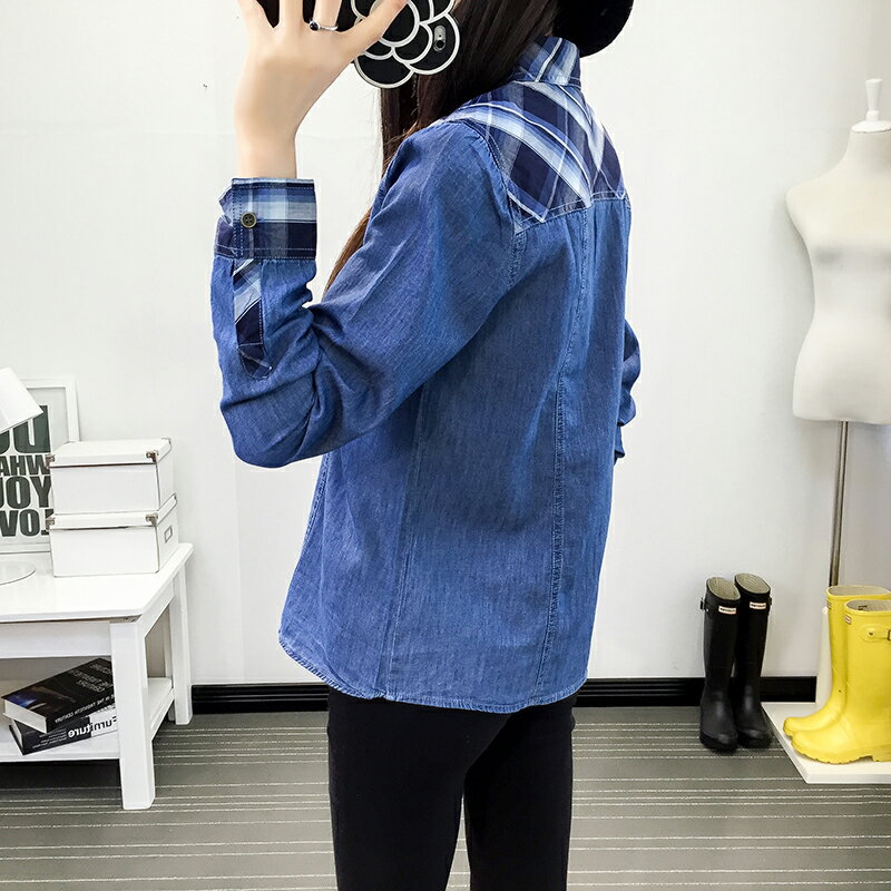 「送料無料」 2017 春秋新作ファッション デニム長袖 シャツ ボタン スプライス　スリミング カジュアル ストリート 柔らかい