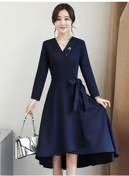 9点スリーブドレス2017秋新腰ロングスカート気質は細いVネック春と秋のドレスでした