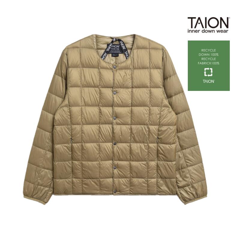 【最短 翌日 お届け】TAION-104-ECO タイオン 体温 クルーネック ベーシック ボタン クルーネックボタン ダウンジャケット ベージュ 温活 タウンユース ゴルフ コンパクト 薄手 収納袋 ライトダウン コーデ ライトダウン