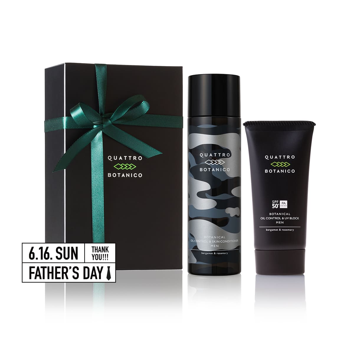 【メンズ　スキンケア　プレゼント】　脂性肌向けオールインワン化粧水 ＆ 日焼け止め美容液のギフトセット（ラッピング仕様・紙袋付）｜クワトロボタニコ 30代、40代の男性へ　父の日や誕生日プレゼントなどの贈り物にも　メンズコスメを