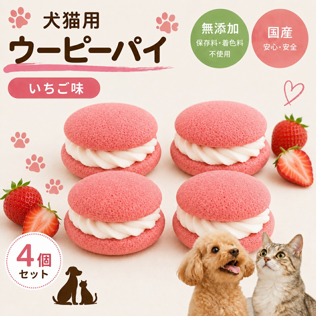 乐天商城 - 犬猫兼用 ペットケーキ マカロン風　ウーピーパイ いちご味　4個セット　PartnerFoods パートナーフーズ