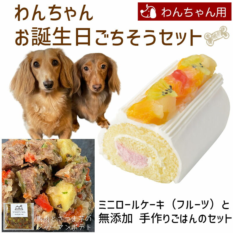 わんちゃんお誕生日ごちそうセット ミニロールケーキ（フルーツ）と手作り 犬用ごはん 馬肉とさつま芋のジャーマンポテトのセット 送料無料