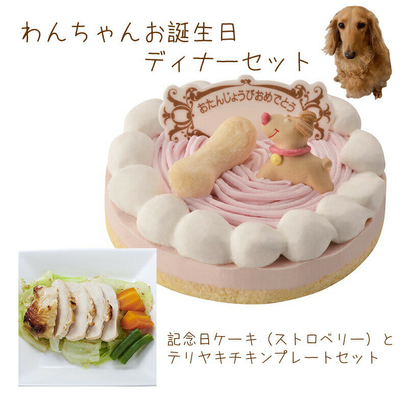 わんちゃんお誕生日ディナーセット 記念日ケーキストロベリーとテリヤキチキンプレートのセット 送料無料(※一部地域除く)