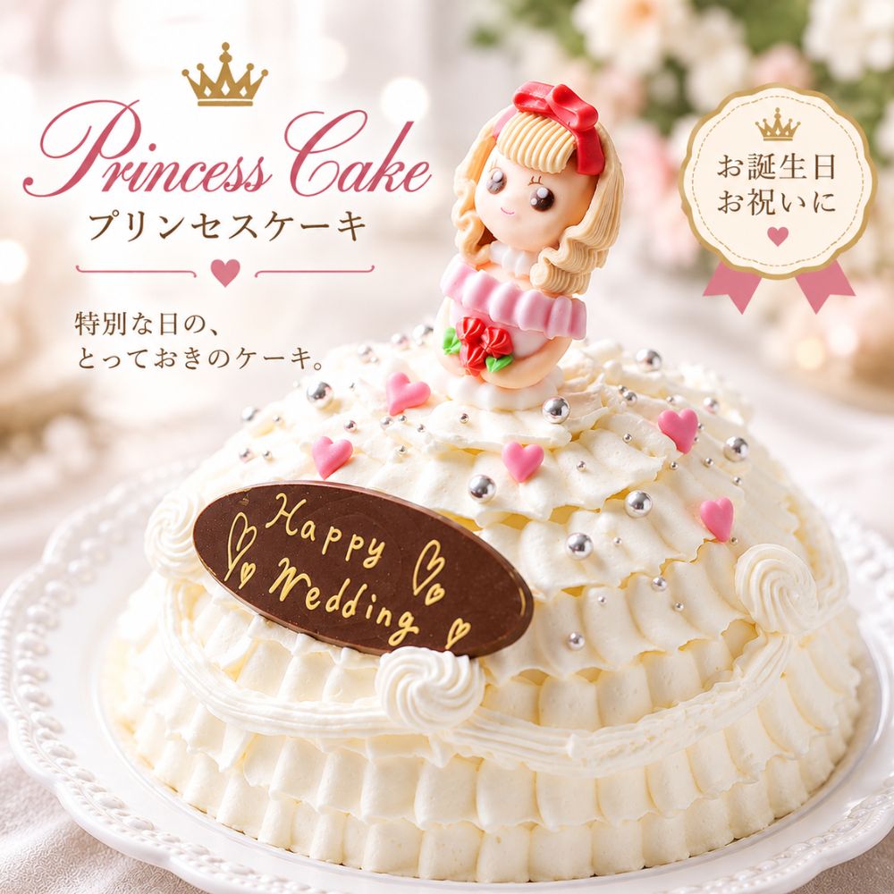 サイズ：5号サイズ（15cm）高さ：約10cm　ドレス：ホワイト 原材料：乳等を主要原料とする食品(国内製造)、砂 糖、液全卵、いちご、小麦粉、杏ジャム、加工油 脂、濃縮乳/乳化剤、香料、ベーキングパウダー、 加工澱粉、リン酸塩(Na)、糊料(増粘多糖類)、 pH調整剤、酸味料、着色料(カラメル、カロテン)、酸 化防止剤(V.E)、(一部に卵・小麦・乳成分・オレ ンジ・大豆を含む) 特定品目：卵・小麦・乳成分・オレンジ・大豆 ※同工場では、そば、落花生、えび、かに、カシューナッツ、キウイフルーツ、牛肉、くるみ、ごま、鶏肉、バナナ、豚肉、まつたけ、桃、やまいも、りんご、アーモンド、ゼラチンを含む製品を製造しております。。 保存方法：解凍前/-18℃以下冷凍庫 ・解凍後/10℃以下冷蔵庫 賞味期限：解凍前/180日 解凍後 2日 ※アラザンにつきまして：掲載写真はイメージとなります。お届けするものは色形が変わる場合がある事を予めご了承ください。自分で飾り付けができるプリンセスケーキ。 付属のアラザンでお好きなようにトッピング お人形のお顔も2種類からお好きなお顔をお選びいただけます お誕生日や特別なお祝い、結婚式や記念にも