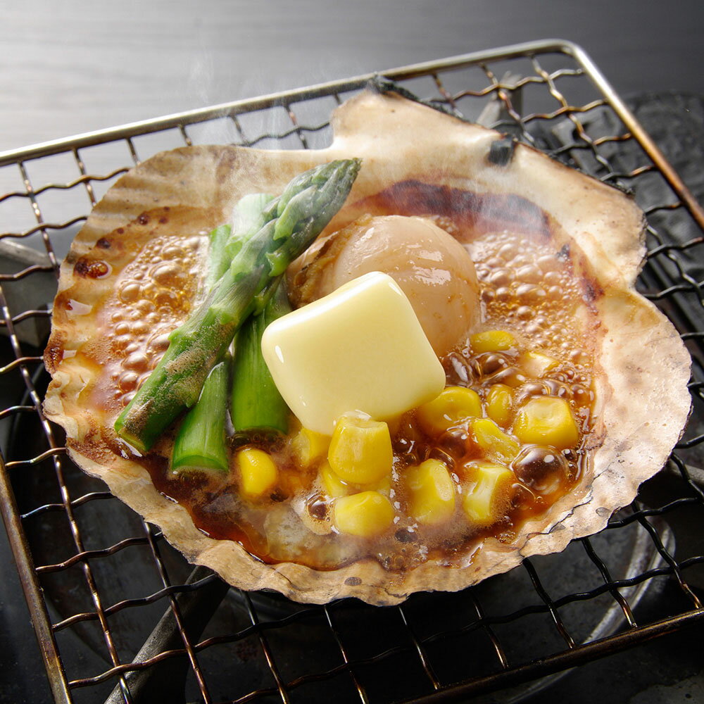 北海道産 帆立バター焼きセット B (帆立片貝、コーン、アスパラ、バター)×3セット 離島は配送不可