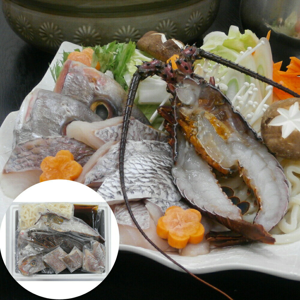 地元・徳島で獲れた新鮮な天然魚介類を中心に、はも、あわび、伊勢えびなど、四季折々の魚料理を提供する料亭吟月。とくにはもに関しては、特殊冷凍技術により年間通して、高品質のはもを味わえるのが自慢です。祝い事には欠かせない、伊勢海老と鯛を一度に味わえる、大変おめでたい鍋をお楽しみ頂けます。 ■配送不可地域：離島は配送不可 ■温度帯：冷凍 ■賞味期限：出荷日より90日 ■規格：生伊勢海老1尾（120g）、鯛（切身・アラ）400g、うどん100g×2、出し汁250ml　※3〜4人前 ■サイズ(mm)：250×340×100 ■発送の目安：ご注文後（決済確認後）、3〜7営業日以内の発送予定