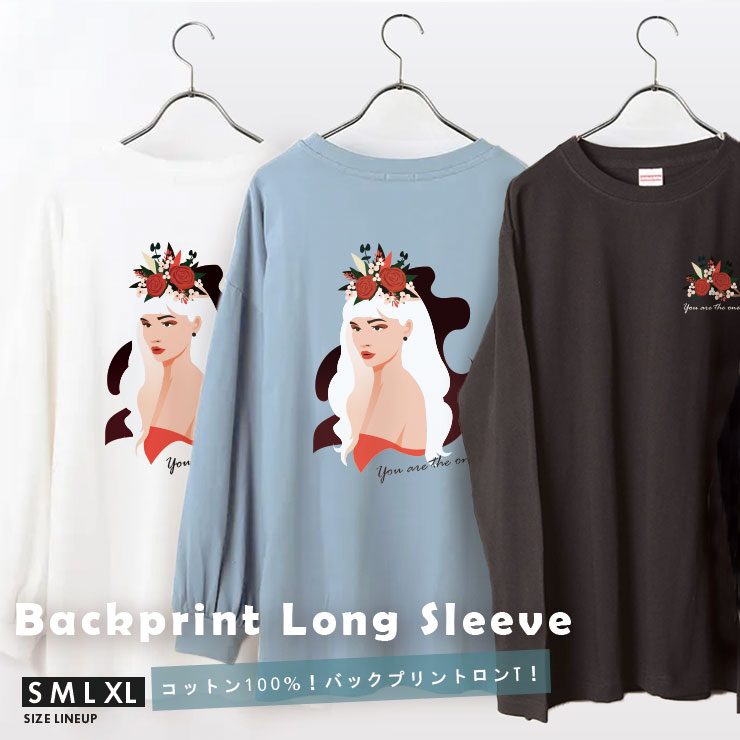 乐天商城 - バックプリントロンT レディース 長袖Tシャツ韓国 韓国ファッション 長袖 綿100％ 長袖 Tシャツ トップス レイヤード カジュアル ユニセックス ペア カップル 大人かわいい おしゃれ アート ボタニカル 花 人物 ロゴ 韓国ファッション エモい