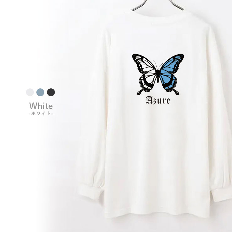 バックプリントロンT レディース 長袖Tシャツ韓国 韓国ファッション 長袖 綿100％ 長袖 Tシャツ トップス レイヤード カジュアル ユニセックス ペア カップル 大人かわいい おしゃれ チョウ 蝶々 バタフライ ロゴ ブルー quebra-10001253 Quebra サンプル画像2