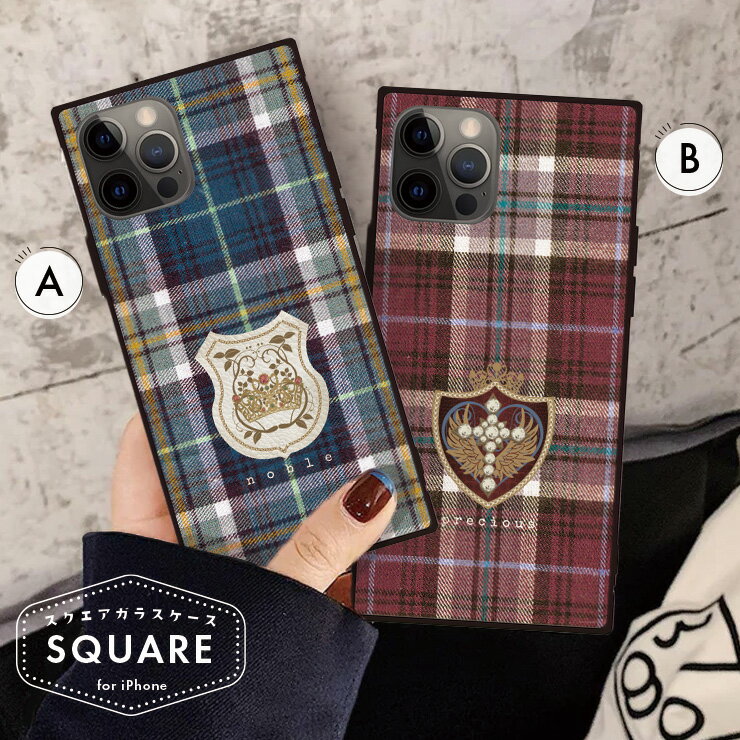 iPhone17 17pro 16 16e 16Pro 16ProMax 16Plus ケース カバー iPhone15 15Pro 15ProMax 15Plus ケース 背面ガラス ケース スクエア 強化ガラス 軽量 おしゃれ スマホケース 韓国 かわいい ペア チェック 柄 エンブレム