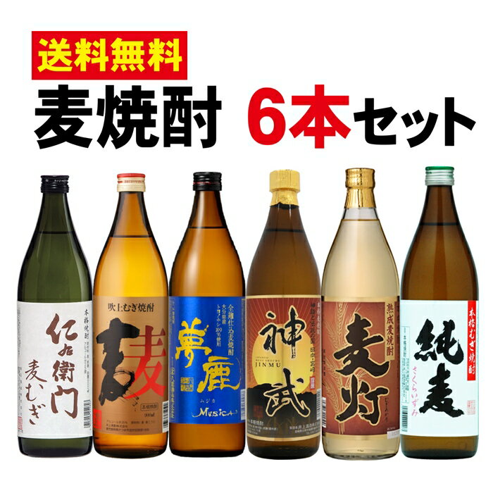 焼酎飲み比べセット 送料無料　焼酎　麦　6本セット　900ml　宮崎　鹿児島　飲みくらべ　プレゼント　お買い得　コスパ　仁右衛門　吹上麦　夢鹿　神武　麦灯　純麦櫻泉　萬世酒造　井上酒造　明石酒造　八鹿酒造　吹上酒造　お湯割り　水割り　ロック