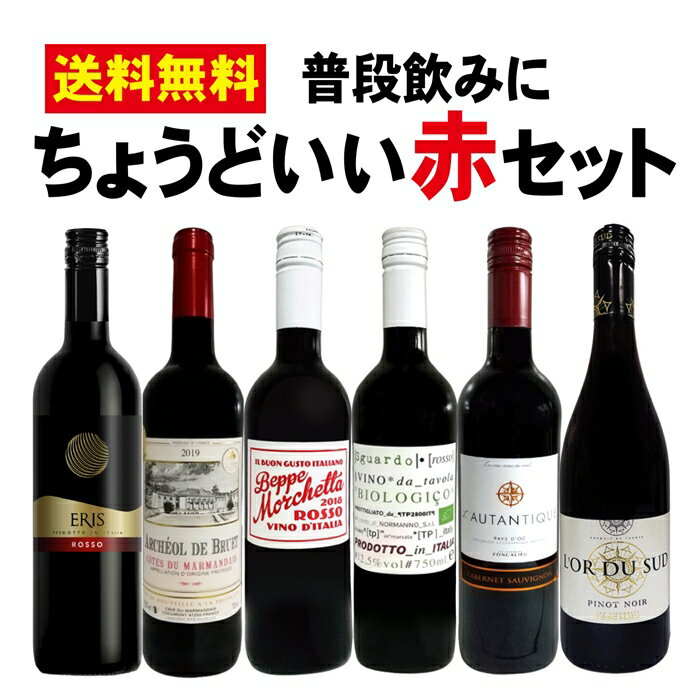 【お買い物マラソン　期間限定　半額】送料無料　赤ワインセット　6本セット　750ml　フランス　イタリア　ミディアムボディ　フルボディ　デイリー　コスパ　飲み比べ　ギフト　コスパ　お買い得　カベルネ　ピノ・ノワール　メルロー　マルベック　伊勢丹　クイーンズ