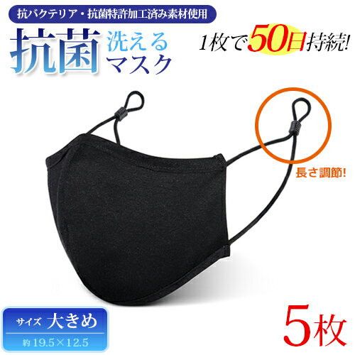 抗菌マスク 5枚入り 洗える1枚で 約50日間 抗菌 持続 50回 水洗い可能 2カラー コットン 3D 抗菌特許加工素材使用 在庫あり マスク 耳が痛くない 耳ゴム紐 長さが調整可能 マスク ブラック 大人用サイズ ウイルス対策 花粉対策 黄砂 黒 白