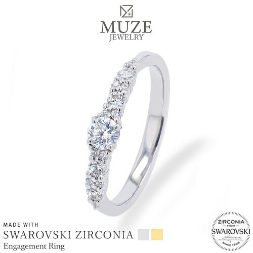 MUZE JEWELRY 直径3.5mm（0.2ct相当)SV925 プラチナ仕上げ ハーフエタニティリング オーダーメイド 4爪 エンゲージリング ストレートライン 婚約指輪 スワロフスキー swarovski キュービックジルコニア シルバーリング プロポーズ 刻印 名入れ