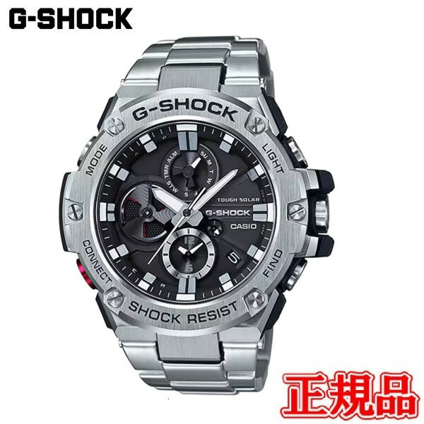 ≪CASIO カシオ G-SHOCK≫ アナログ表示によるクロノグラフを搭載し、ジェット機エンジンの重厚なブレードをモチーフにデザインを施したステンレス製無垢バンドのG-STEELです。 9時位置に配したディスク針には、デュアルコイルモーターを採用することで針の動きや機能美を追求。アラームのOn/Off機能やストップウオッチなどの回転表現に加え、バッテリーインジケーターとしての役割を担います。 「レイヤーガード構造」や高密度実装技術によるモジュールの小型・薄型化により、装着性や時計としてのクオリティを高めました。 更に、スマートフォンを介して正確な時刻を取得可能なBluetooth® 通信機能を搭載。タフソーラーで安定的な駆動を可能にし、高輝度なLEDライトやデュアルダイアルワールドタイムなど実用的な機能も備えています 商品名 CASIO カシオ G-SHOCK GST-B100シリーズ 品番 GST-B100D-1AJF ムーブメント タフソーラー （ソーラー充電システム） 素材 ケース・ベゼル材質：樹脂／ステンレススチール バンド材質：無垢バンド メタルバンド（ステンレススチール） ケースサイズ（縦×横×厚さ） 58.1 × 53.8 × 14.1 mm 機能・特徴 防水性：20気圧防水 耐衝撃構造（ショックレジスト） 精度：スマートフォンと連携しない場合は、通常のクオーツ精度（平均月差±15秒）で動作します。 モバイルリンク機能 デュアルタイム（ホームタイムとの時刻入替機能付き） タイマー（セット単位：1分、最大セット：24時間、1秒単位で計測） LEDライト（スーパーイルミネーター、残照機能付き） フルオートカレンダー バッテリーインジケーター表示 ストップウオッチ（1秒、24時間計、スプリット付き） 時刻アラーム LED：ホワイト パワーセービング機能 フル充電時からソーラー発電無しの状態での駆動時間 機能使用の場合：約5ヵ月 パワーセービング状態の場合：約24ヵ月 日付・曜日表示 付属 専用BOX 正規保証1年 【オススメキーワード：年末年始 歳末 新年 新春 プレゼント ギフト 誕生日 記念日 新生活 新社会人 就活 就職 20代 30代 40代 50代 60代 男性 女性 おしゃれ 腕時計】