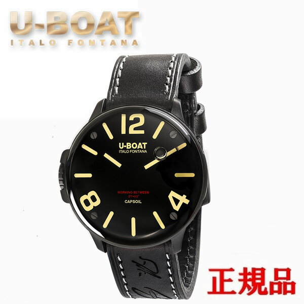 ≪ U-BOAT ユーボート ≫ ユーボート初めての時計は、18年前にイタロ・フォンタナにより考案されました。その時計は、1942年に彼の祖父であるイルボ・フォンタナがイタリア海軍の為にデザインしたが生産される事の無かった時計のデザインからインスパイアされています。それは大ブリのリューズをケース左サイドに装備した非常に印象的なダイバーズウオッチで、優雅でありながら実用的なユーボートの個性を表わしています。それ以降ユーボートのデザイナーは次々とユニークなスタイルを創り出し、世界のセレブリティを魅了し続けています。 商品名 CAPSOIL DLC 品番 8108 ムーブメント クォーツ 素材 ケース素材：ステンレススチール（ブラックDLC加工） ストラップ：レザー 風防：サファイアガラス サイズ ケースサイズ：45mm 機能・特徴 防水性：10気圧防水 文字盤を強調するための特殊オイル注入 付属 箱 説明書 【オススメキーワード：年末年始 歳末 新年 新春 プレゼント ギフト 誕生日 記念日 新生活 新社会人 就活 就職 20代 30代 40代 50代 60代 男性 女性 おしゃれ 腕時計】