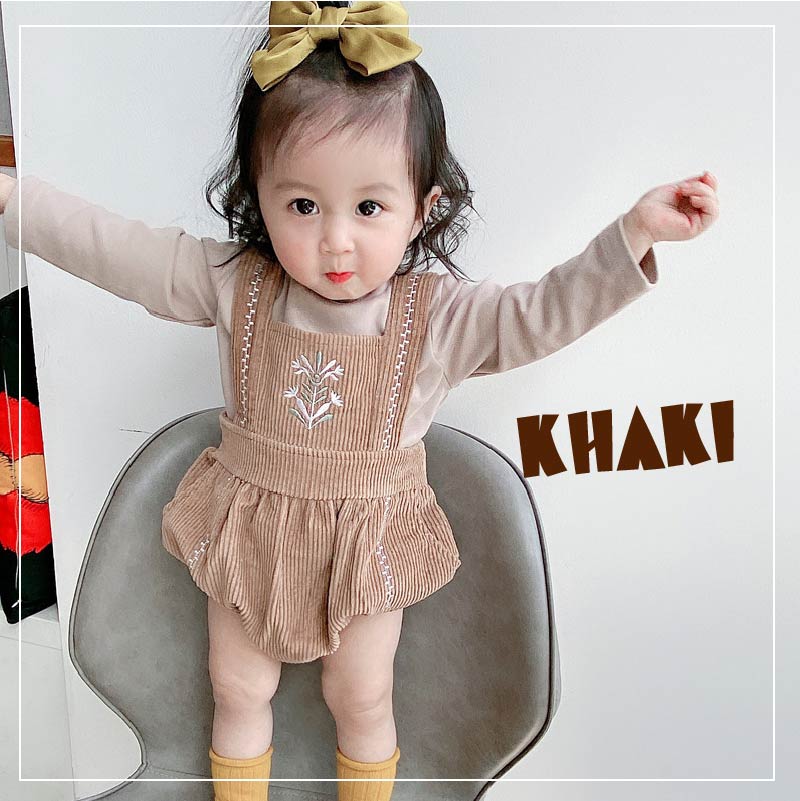 サロペット韓国ベビーボトムスブルマベビー服女の子男の子ウエストマークルームウェアフラワー刺繍春秋柔らかい無地幼児赤ちゃん新生児出産祝いベビー用品シンプルブラウンカーキ66/73/80/90/100