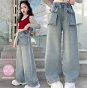 【期間限定 20%OFF】 女の子 ジーンズ ポケット ロング丈 デニムパンツ ストレートパンツ シンプル 子供 ジュニア ユニーク ファション 流行 春服 秋服 小学生 中学生 かわいい 長ズボン ロングパンツ キッズ ブルー 120 130 140 150 160 170 cm
