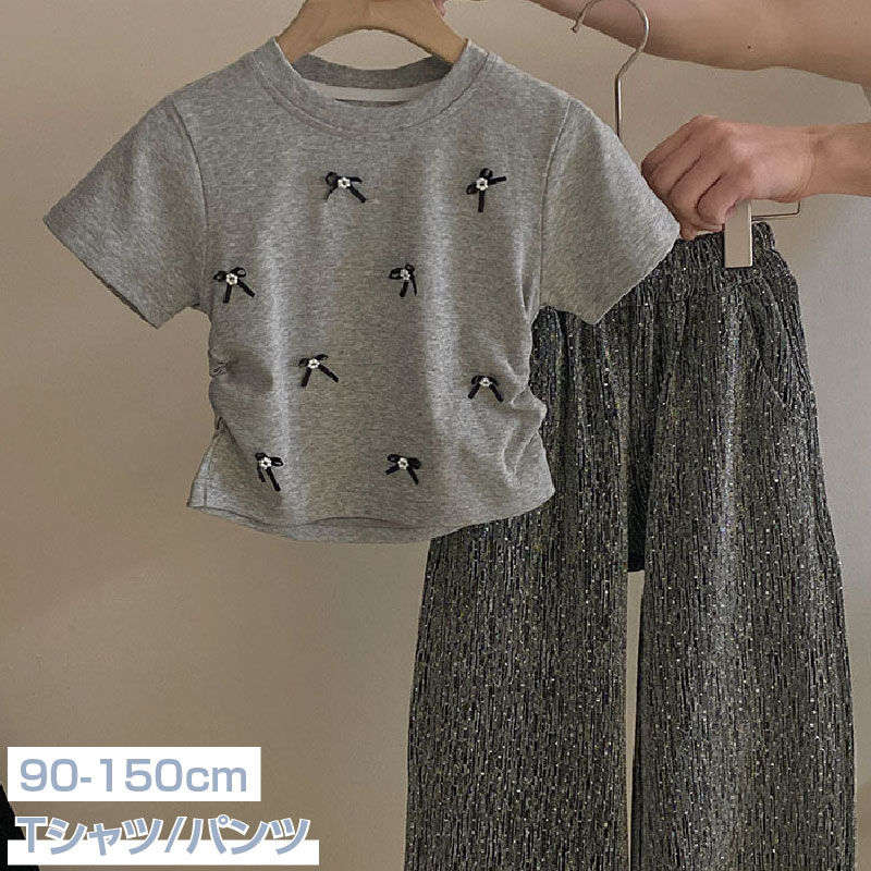 女の子 Tシャツ ユニーク クルーネック キッズ服 / ストレッチ キラキラ パンツ 長ズボン 子供服 かわいい 部屋着 旅行 食事会 お出かけ 人気 夏 グレー 90cm 100cm 110cm 120cm 130cm 140cm 150cm