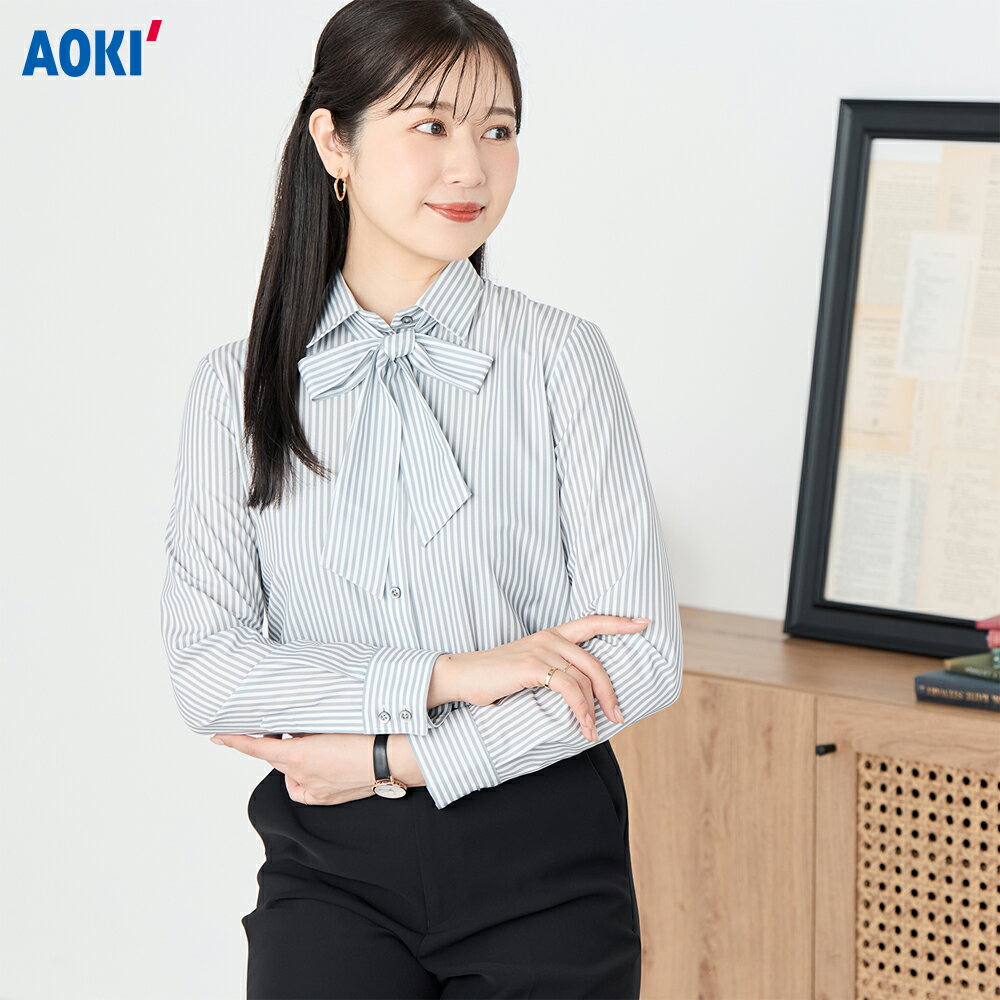 ＼ポイント10倍／ ノンアイロン ボウタイ付きシャツ グレーストライプ レディース シャツ ブラウス 洗える 防シワ ノンアイロン かわいい キレイ 快適 着回し 仕事服 オフィスカジュアル 通勤 学校行事 セレモニー ギフト
