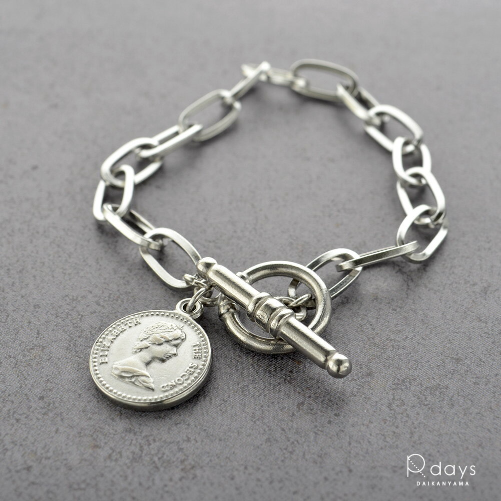 ステンレス オーバル チェーン & コイン ブレスレット R-days ボリューム エリザベス マンテル S M L LL 水洗い 低アレルギー アレルギー 汗...