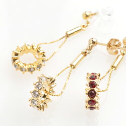 ★クリスタルロンデルフープピアス/ノンホールピアス★クリスタルレッドブラックダイヤイヤリングノンホールピアスレディース揺れる華やか高見え※メール便送料無料