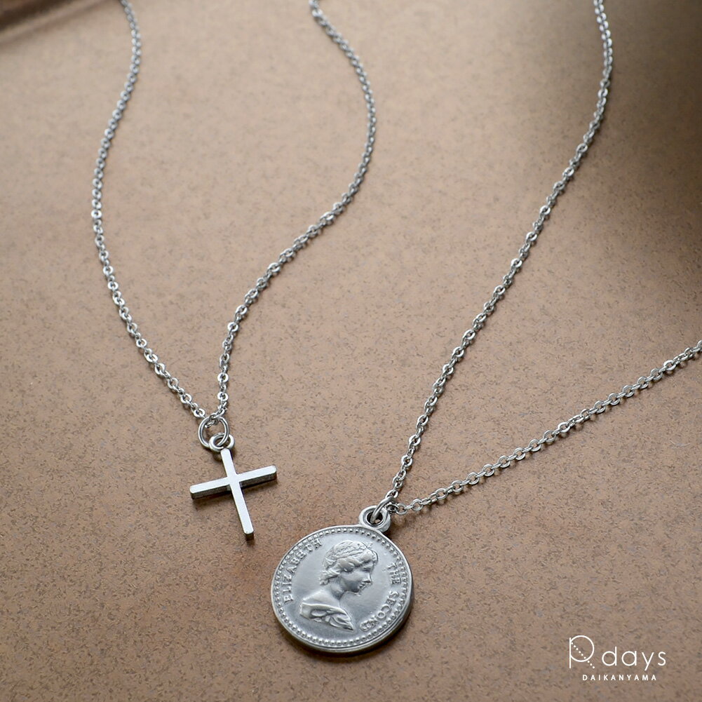 ステンレスネックレス クロス エリザベスコイン コインネックレス R-days 低アレルギー ペンダント 長さ調整 スライドボール エリザベス 十字架 重ねづけ...