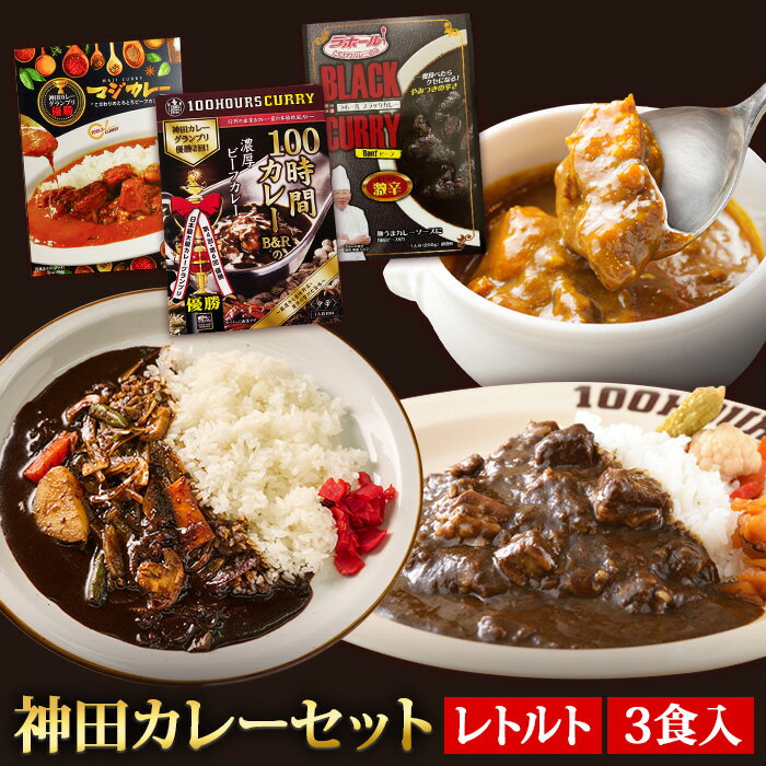 【※エントリー必須※お買いものパンダカレー皿CP対象商品】【A配送】神田カレーセット　（レトルト）3食 時短 湯煎 買い置き 保存食 高級レトルトカレー 神田カレーグランプリ 優勝 参加店 プレミアムなカレーセット 一人暮らし 単身赴任 カレー皿 簡単調理 洋食 銘店のサムネイル