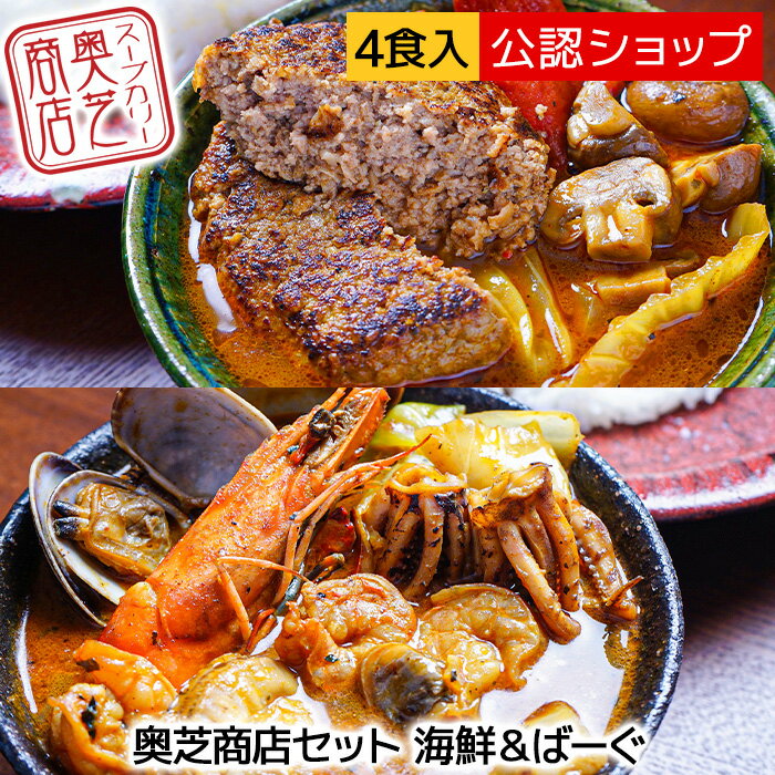 【C配送】スープカレー 奥芝商店 奥芝商店セット 海鮮＆ばーぐ （各2パック 計4食入）中辛 人気店 冷凍 カレー ハンバーグ 北海道 スープカレー 行列店 お土産 お取り寄せ グルメ 冷凍カレー 惣菜 スパイスのサムネイル