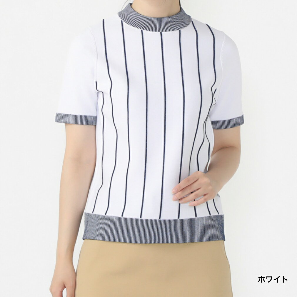 ティゴラ レディース ゴルフウェア 半袖セーター 秋 冬 ストライプ柄ニット モックネックシャツ 吸水速乾 UV マシンウォッシャブル (TR-1H2504H) TIGORA