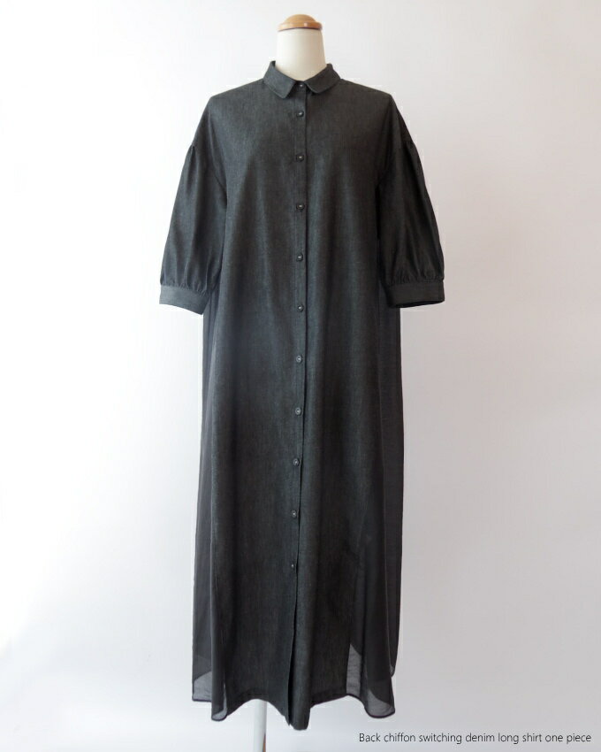 バックシフォン切替デニムシャツワンピース　ミセス ファッション 50 代 40代 60代 70代　綿　コットン　シアー素材　春夏　秋 女性　レディース　アラフォー　母の日　プレゼント