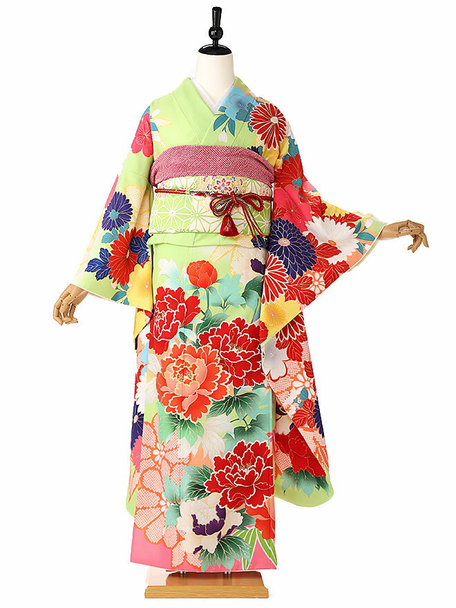 【JAPANSTYLE】振袖レンタル 成人式 振り袖レンタル furisode 二十歳のお祝い せいじんしき 20歳 女性 着物 結納 結婚式 緑 菊牡丹 155cm 160cm 165cm FA0551【レンタル】
