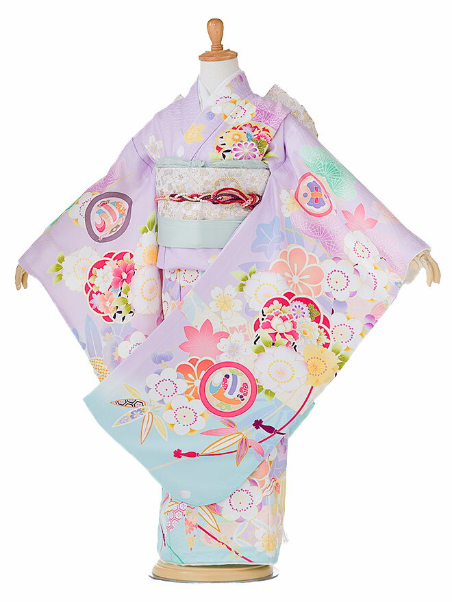 【式部浪漫】七五三 着物 7歳 フルセット レンタル 女の子 753 子ども お祝い着 正月 七草 7才 七歳 女児 フルセットレンタル 7歳着物フルセット きものレンタル 結び帯 藤色 115cm 120cm 125cm jk7739【レンタル】