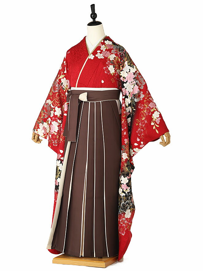 卒業式 袴 レンタル 女 フルセット 袴 レンタル 卒業式 大学生 女性 袴セット 袴下帯付き 往復送料無料 正絹 振袖 赤 牡丹 brown 155cm(153cm-158cm) ihg0506【レンタル】