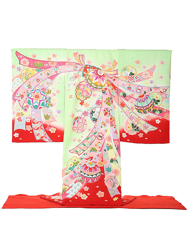 お宮参り 着物 正絹 日本製 花ひめ 毬 緑【ベビー帽子セット無料レンタル付】《産着レンタル》〔女の子産着〕《着物レンタル》〔お宮参り〕〔初着〕〔うぶぎウブギ〕 往復送料無料 bg0082 2