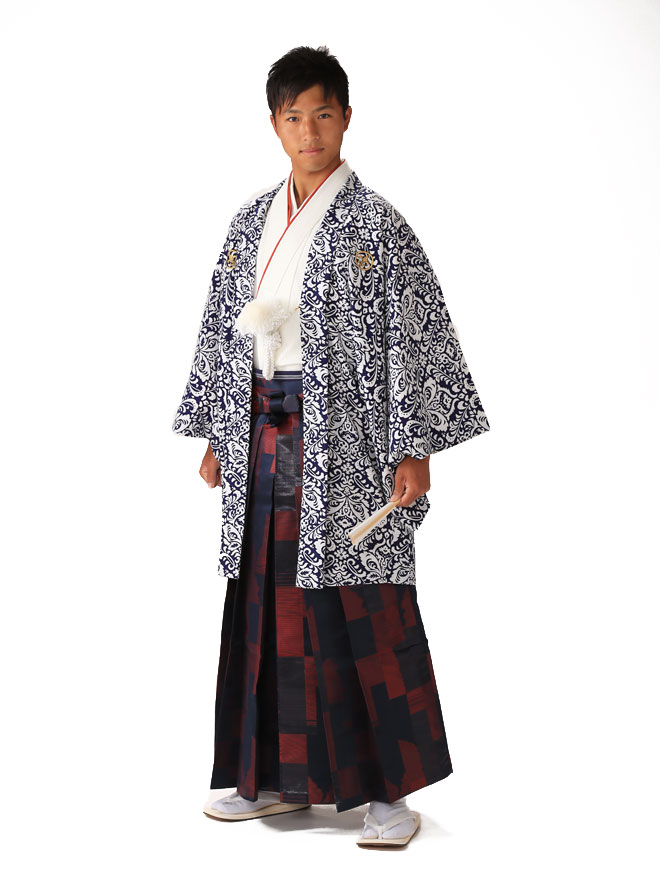 成人式 袴 レンタル 男 卒業式 袴 レンタル 男 着物レンタル 袴 羽織レンタル 身長165cm〜175cm対応 Lサイズ 二次会・卒業式・結婚式 レンタル MODEN CLASSIC 幾何学模様 白×赤 紋付きフルセット 男性着物前撮り和服 往復送料 無料 XG0067【レンタル】