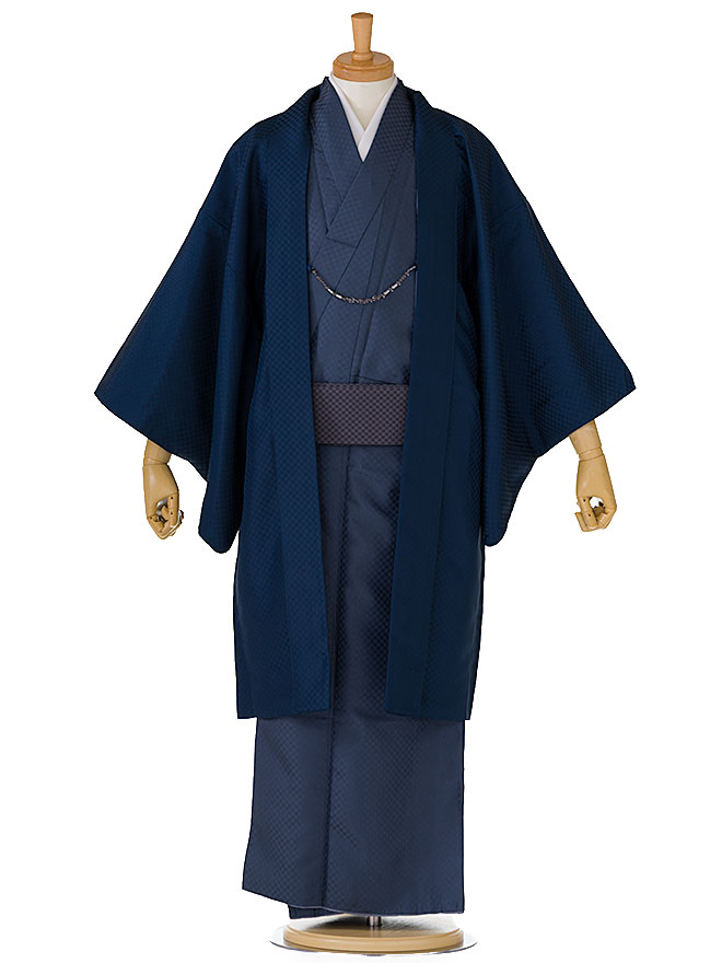 七五三 父 着物 レンタル 着流し レンタル 七五三 【簡単きもの】【ワンタッチ帯】男きもの着流し 羽織着物 パパ 七五三 男性着物 Lサイズ 170cm-175cm 紺×青 往復送料無料 cy0053