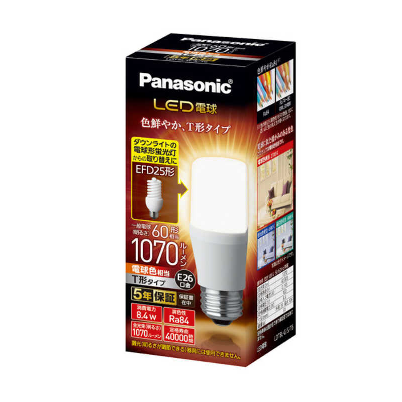パナソニック　Panasonic　LED電球　ホワイト　［E26／電球色／60W相当／T形］　LDT8L-G/S/T6