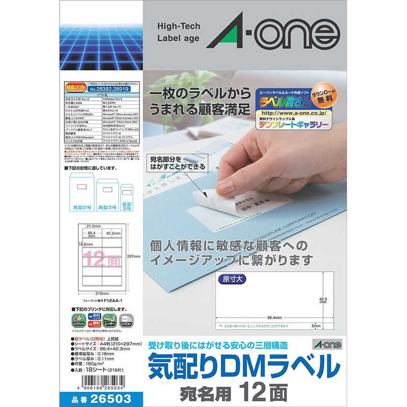 エーワン 気配りDMラベル 宛名用(A4・12面×18シート) 26503