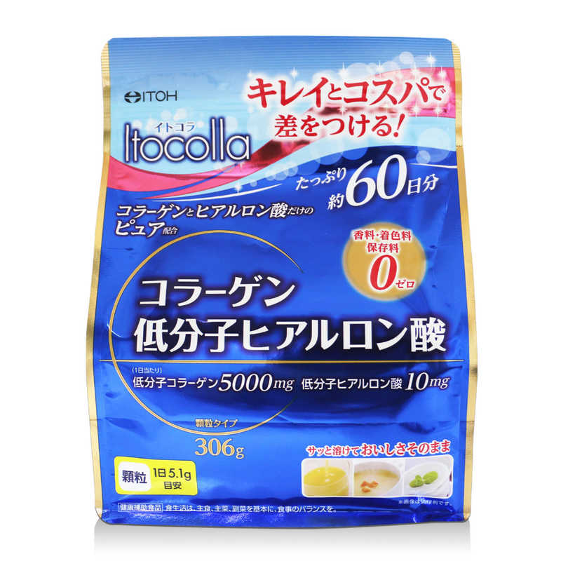 【商品解説】本当に欲しい成分のみ、コラーゲンとヒアルロン酸だけのピュア配合にこだわりました。サッと溶けて、味とにおいをできるだけ抑えているので、お好みの食べ物や飲み物に混ぜてお召しあがりいただけます。1日当たりコラーゲンペプチド5000mg、ヒアルロン酸10mg配合で、キレイの基礎としてご愛用ください。【成分】コラーゲンペプチド5000mg、ヒアルロン酸（低分子）10mg【スペック】●型式：（コラーゲンヒアルロン60ニチ360G）●JANコード：4987645498910【注意事項・特記事項】※予告なくパッケージデザイン等が変更になり掲載画像とは異なる場合があります。※開封後の返品や商品交換はお受けできませんこの商品は宅配便でお届けする商品です出荷可能日から最短日時でお届けします。※出荷完了次第メールをお送りします。配送サービス提供エリアを調べることができます「エリア検索」をクリックして、表示された画面にお届け先の郵便番号7桁を入力してください。ご購入可能エリア検索お買い上げ合計3,980円以上で送料無料となります。※3,980円未満の場合は、一律550円（税込）となります。●出荷可能日から最短日時でお届けします。（日時指定は出来ません。）　※お届け時に不在だった場合は、「ご不在連絡票」が投函されます。　「ご不在連絡票」に記載された宅配業者の連絡先へ、再配達のご依頼をお願いいたします。●お届けは玄関先までとなります。●宅配便でお届けする商品をご購入の場合、不用品リサイクル回収はお受けしておりません。●全て揃い次第の出荷となりますので、2種類以上、または2個以上でのご注文の場合、出荷が遅れる場合があります。詳細はこちら■商品のお届けについて商品の到着日については、出荷完了メール内のリンク（宅配業者お荷物お問い合わせサービス）にてご確認ください。詳しいお届け目安を確認する1度の注文で複数の配送先にお届けすることは出来ません。※注文時に「複数の送付先に送る」で2箇所以上への配送先を設定した場合、すべてキャンセルとさせていただきます。