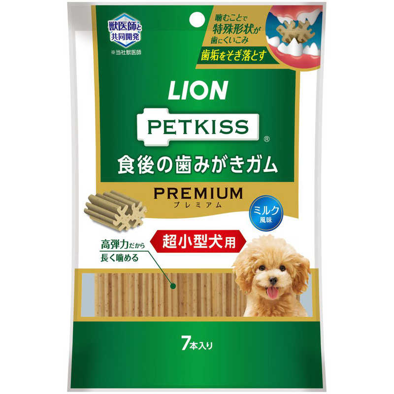 【商品解説】PETKISS食後の歯みがきガムシリーズNo．1の汚れ落ちを実現！※ 当社獣医師と共同開発。どこを噛んでも歯に食い込みやすい特殊形状で高弾力だから長く噛める。1日一本、噛む事で歯垢を削ぎ落とす。ポリリジン配合。ミルク風味。超小型犬用。（スナック） ※1回咬合時【スペック】●型式：（PKショクゴGプレSS）●JANコード：4903351005167【注意事項・特記事項】※増量キャンペーンやパッケージリニューアル等で掲載画像とは異なる場合があります。※予告なく仕様・デザイン等が変更になることがありますので、ご了承ください。※開封後の返品や商品交換はお受けできません。この商品は宅配便でお届けする商品です出荷可能日から最短日時でお届けします。※出荷完了次第メールをお送りします。配送サービス提供エリアを調べることができます「エリア検索」をクリックして、表示された画面にお届け先の郵便番号7桁を入力してください。ご購入可能エリア検索お買い上げ合計3,980円以上で送料無料となります。※3,980円未満の場合は、一律550円（税込）となります。●出荷可能日から最短日時でお届けします。（日時指定は出来ません。）　※お届け時に不在だった場合は、「ご不在連絡票」が投函されます。　「ご不在連絡票」に記載された宅配業者の連絡先へ、再配達のご依頼をお願いいたします。●お届けは玄関先までとなります。●宅配便でお届けする商品をご購入の場合、不用品リサイクル回収はお受けしておりません。●全て揃い次第の出荷となりますので、2種類以上、または2個以上でのご注文の場合、出荷が遅れる場合があります。詳細はこちら■商品のお届けについて商品の到着日については、出荷完了メール内のリンク（宅配業者お荷物お問い合わせサービス）にてご確認ください。詳しいお届け目安を確認する1度の注文で複数の配送先にお届けすることは出来ません。※注文時に「複数の送付先に送る」で2箇所以上への配送先を設定した場合、すべてキャンセルとさせていただきます。